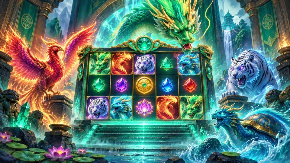 Mythical Guardians da PG SOFT com os quatro guardiões e a grade do jogo